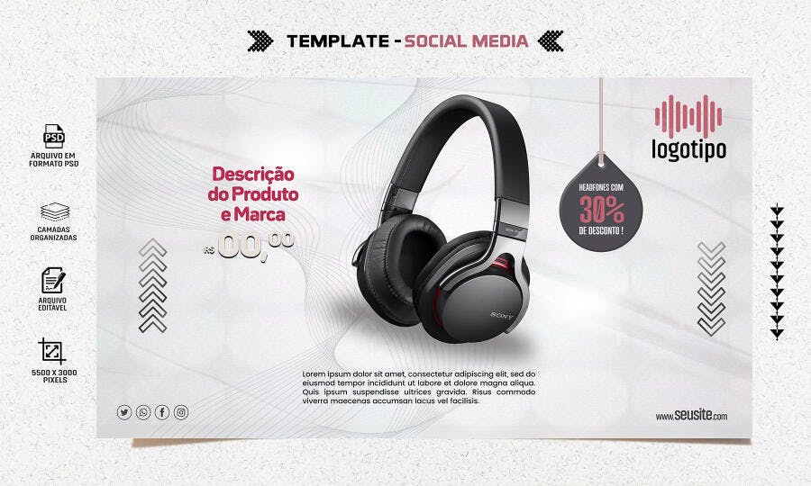 Post para Mídias Sociais Promoção Headphone 30% Off PSD Editável