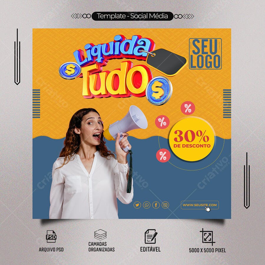 Flyer Digital Liquida Tudo Mulher Anunciando 30% Desconto PSD Editável