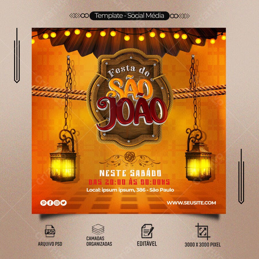 Post para Redes Sociais Festa de São João PSD Editável