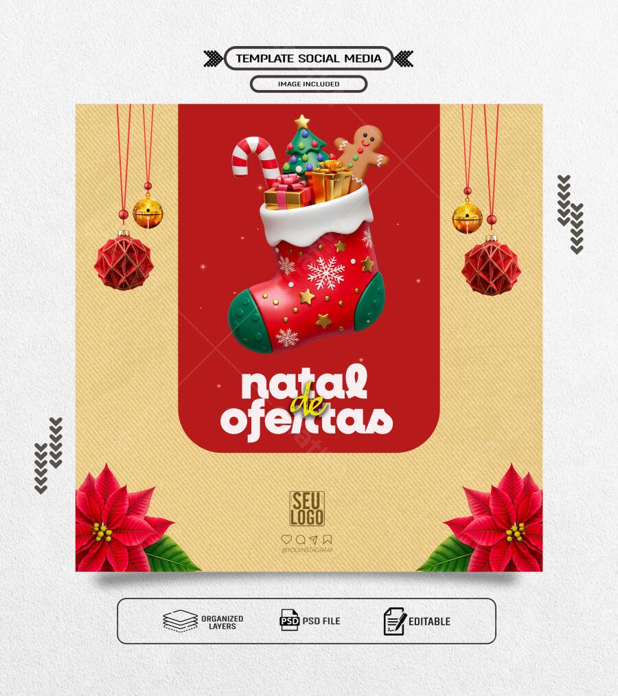 Flyer Natal de Ofertas com Meia e Presentes PSD Editável