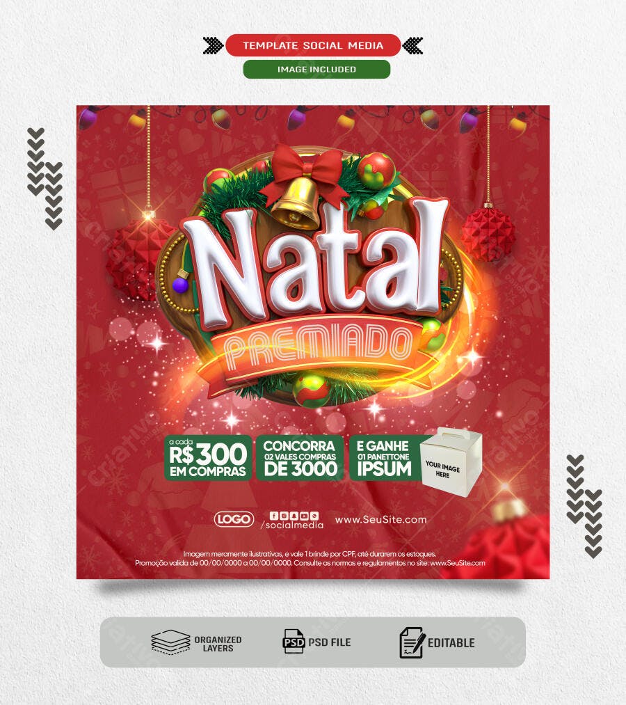 Post para Redes Sociais Natal Premiado Vermelho PSD Editável
