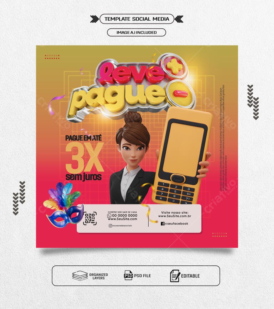 Publicação Social Media para Promoção Leve e Pague 3X Sem Juros PSD Editável