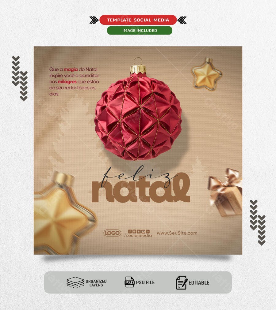 Post de Natal para Boas Festas com Enfeites Dourados PSD Editável