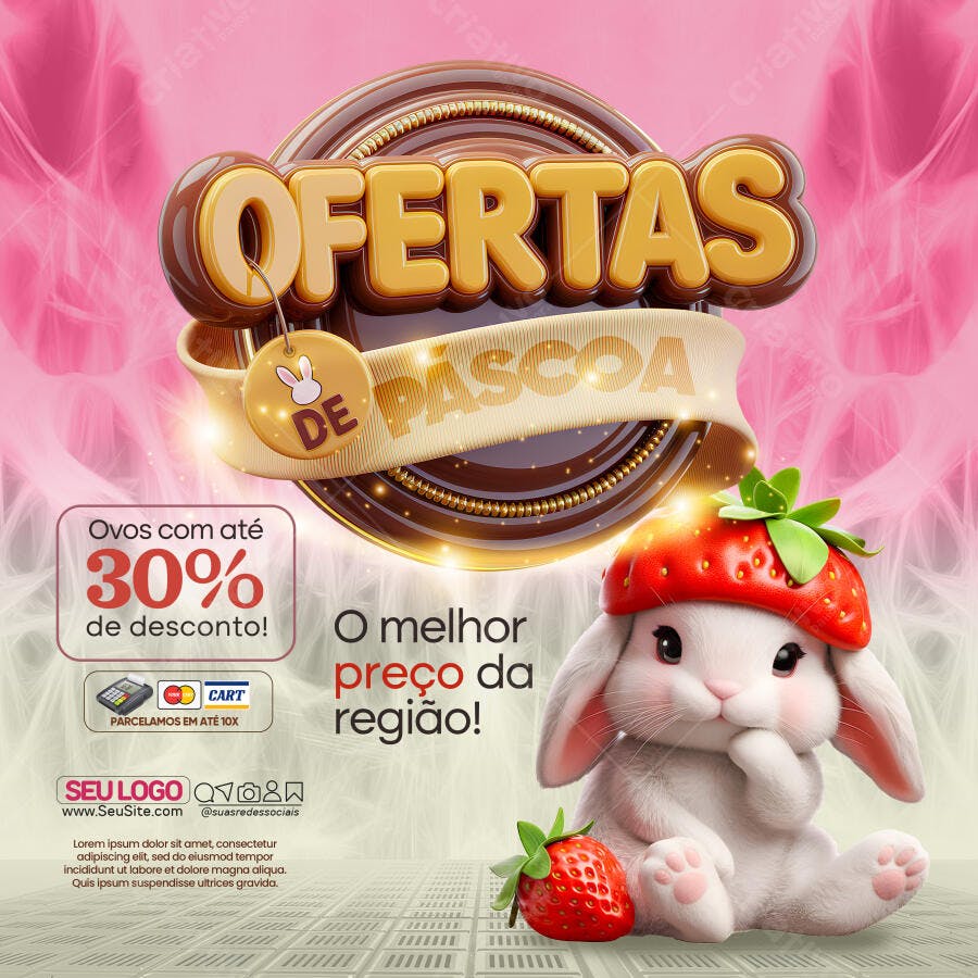 Flyer Ofertas de Páscoa Coelhinho Morango 30% Desconto PSD Editável