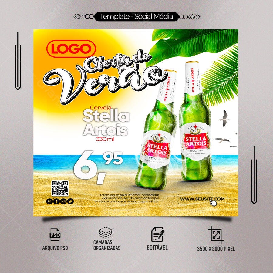 Flyer Oferta de Verão Cerveja Stella Artois Praia PSD Editável