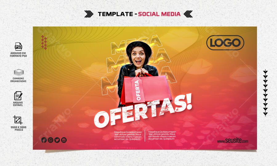 Post para Mega Ofertas Mulher com Sacola Compras PSD Editável