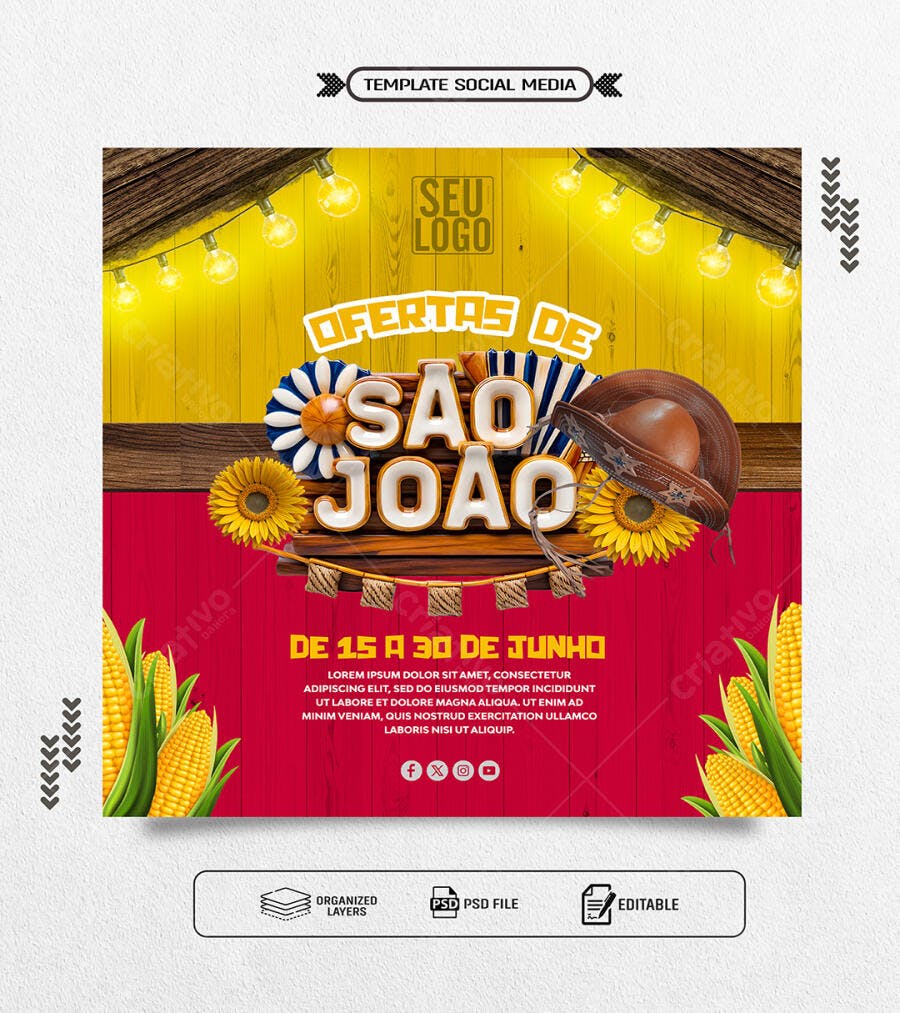 Flyer para Ofertas de São João com Milho e Chapéu de Couro PSD Editável