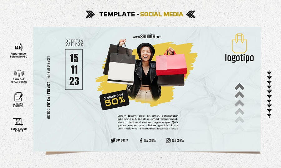 Post Redes Sociais para Promoção de Loja Desconto 50% PSD Editável