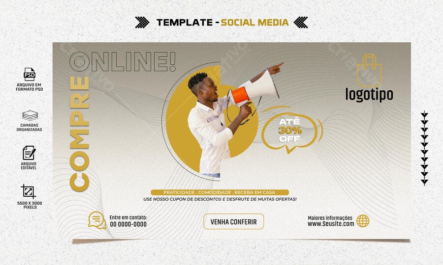 Flyer Promoção COMPRE ONLINE com Megafone e Desconto Psd Editável
