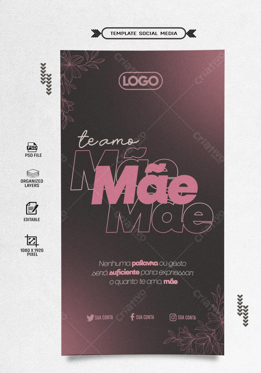 Post Social Media Dia das Mães Preto Rosa com Flores Delicadas PSD Editável