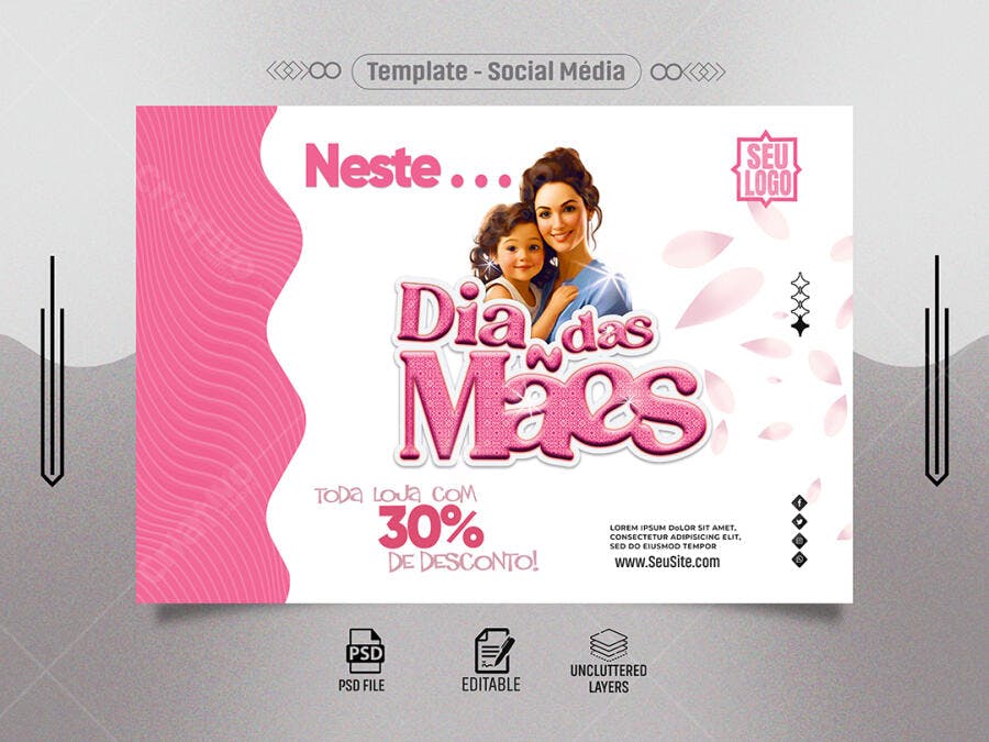 Flyer Dia das Mães Desconto 30% Mãe e Filha PSD Editável