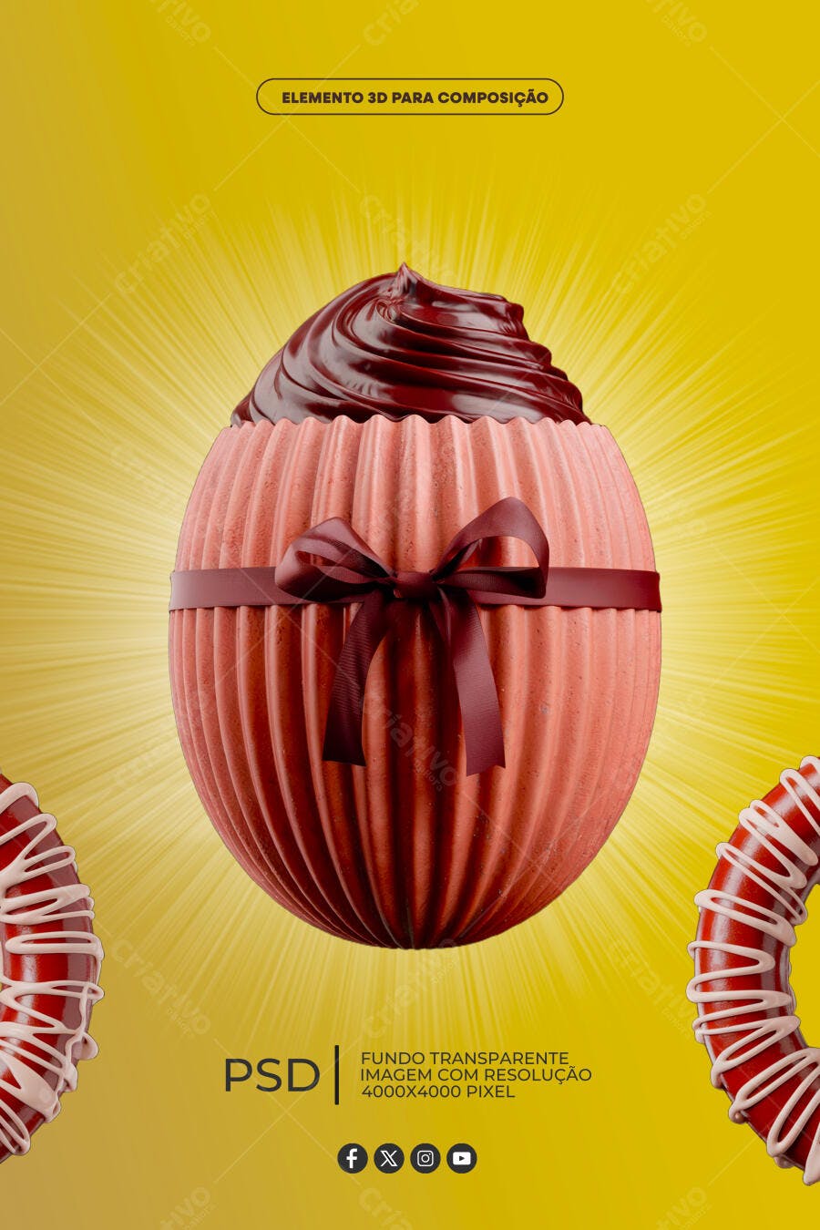 Elemento 3D para Páscoa de Chocolate com Laço Vermelho PSD Editável