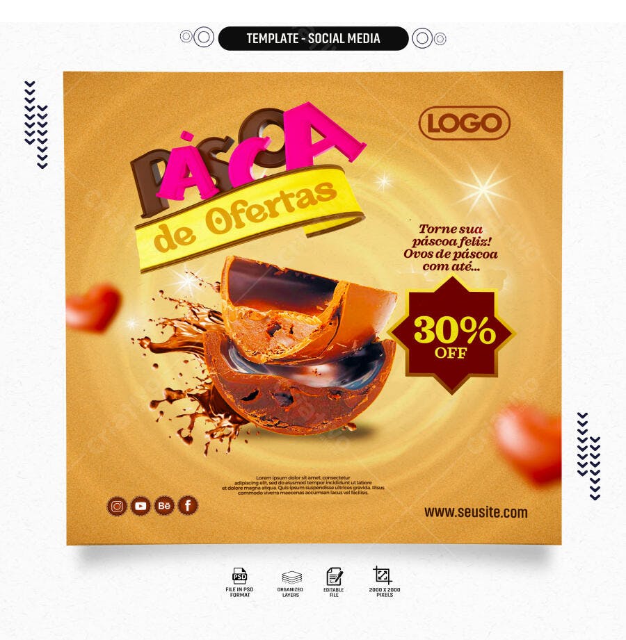 Post para Páscoa de Ofertas 30% OFF PSD Editável