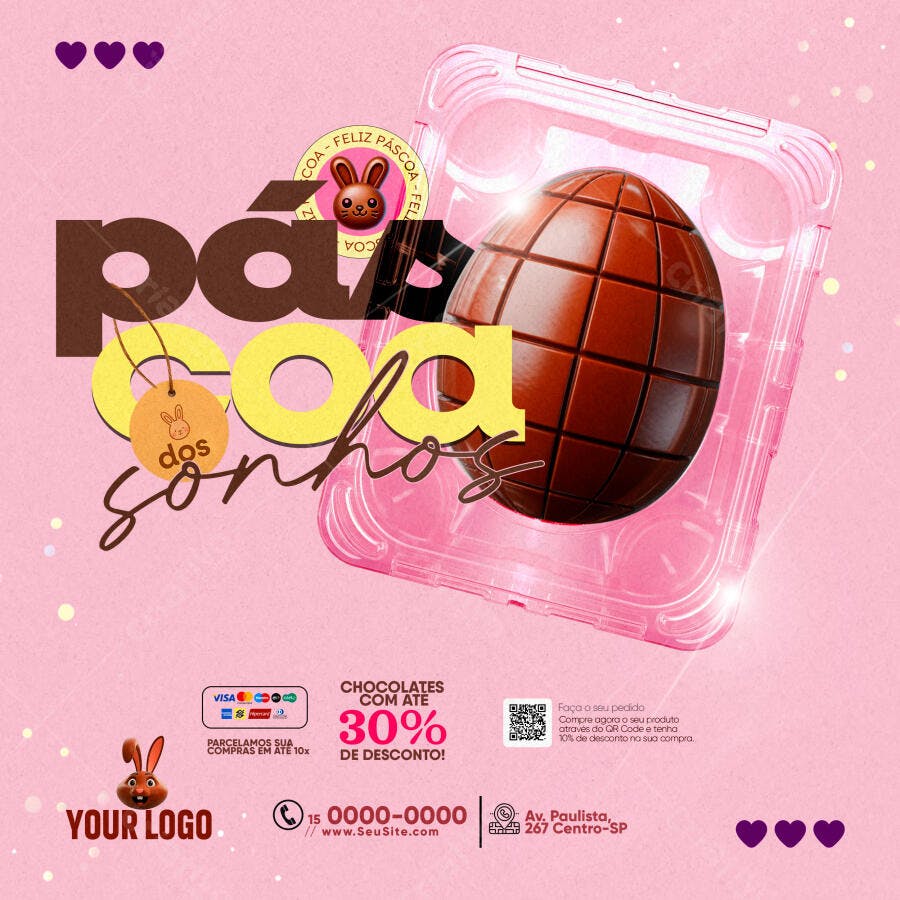 Flyer Páscoa dos Sonhos Chocolates 30% Desconto PSD Editável