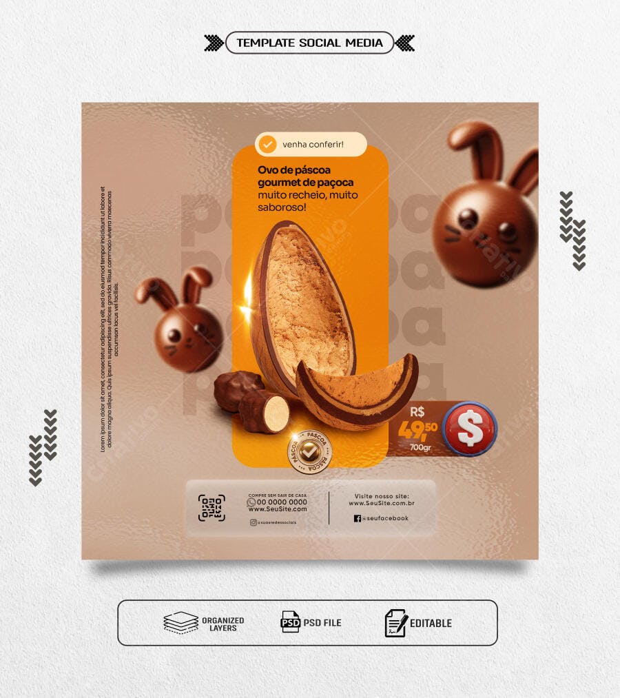 Post Redes Sociais Páscoa Ovo Gourmet de Paçoca PSD Editável