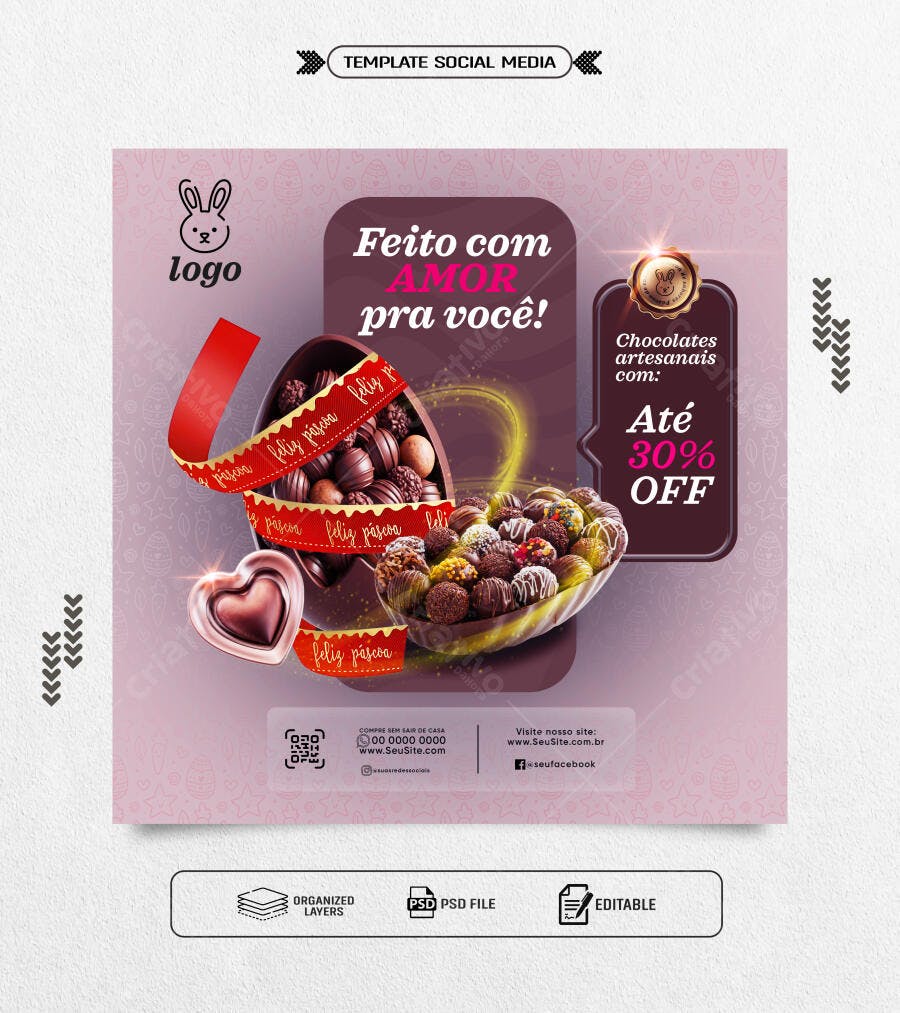 Post Social Media Páscoa Chocolates Artesanais 30% OFF PSD Editável