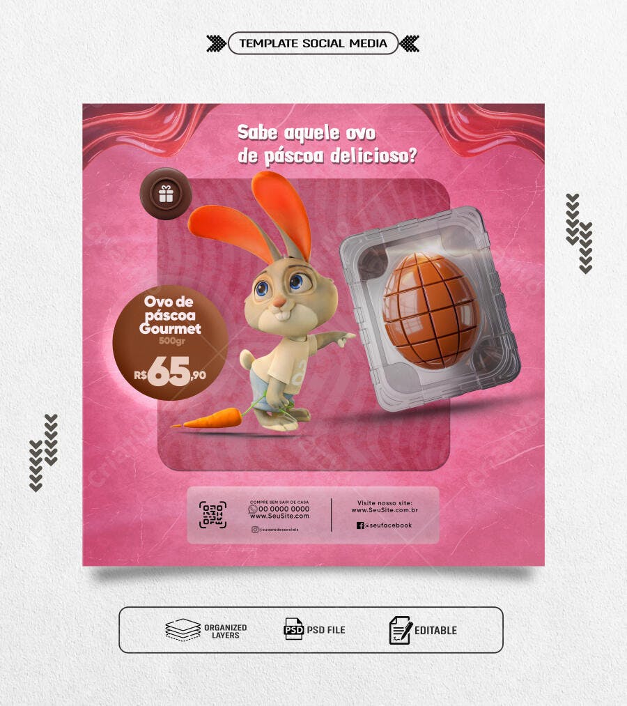 Flyer Promocional Ovo de Páscoa Gourmet 500gr Coelho PSD Editável