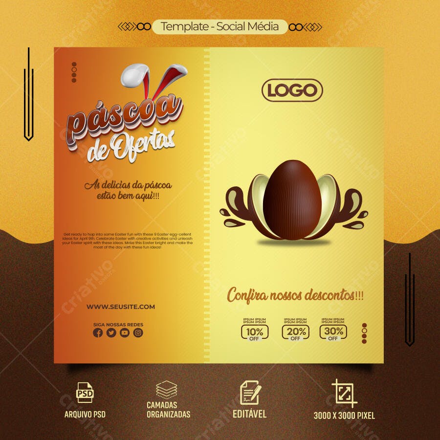 Flyer Páscoa de Ofertas com Ovo de Chocolate PSD Editável