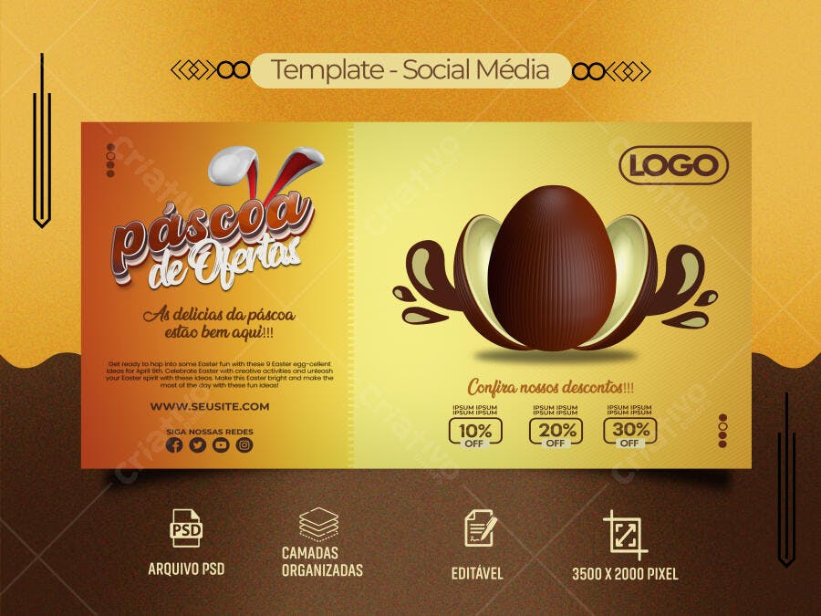 Flyer de Páscoa de Ofertas com Ovo de Chocolate e Orelhas Coelho PSD Editável