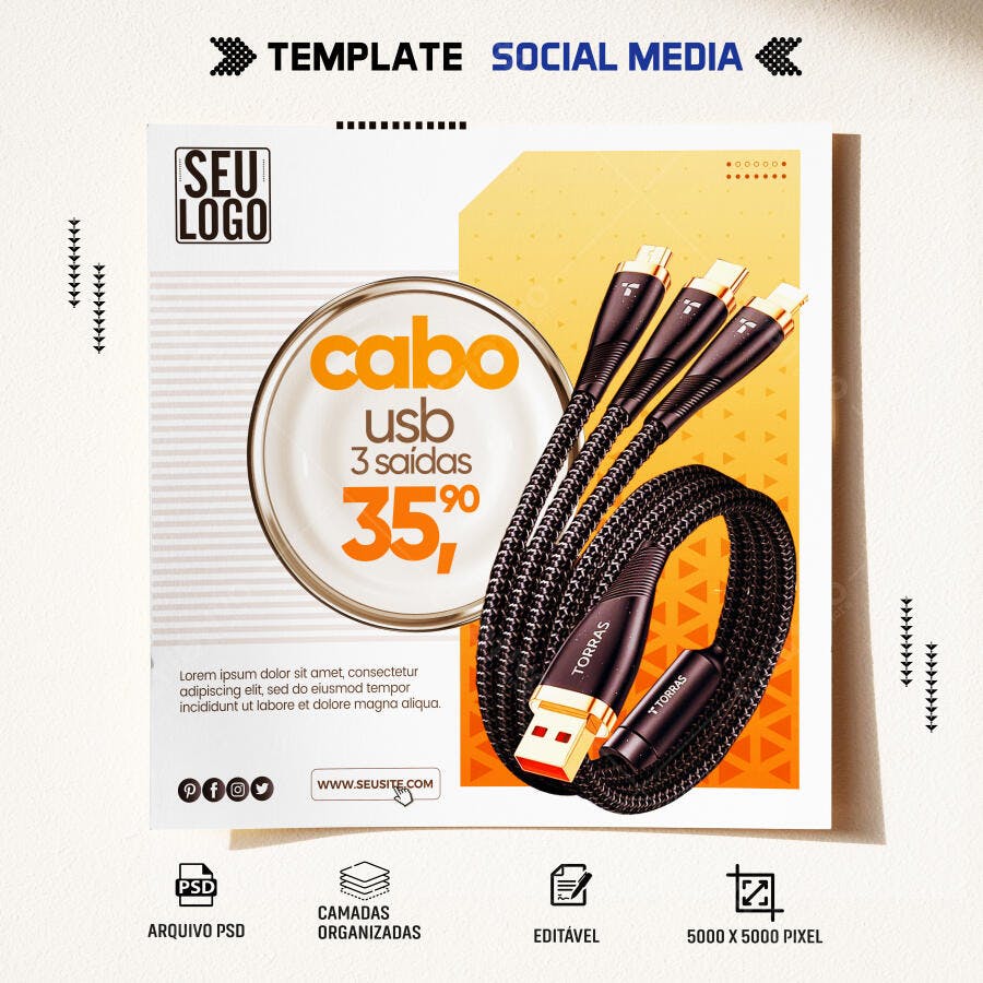 Flyer Promocional para Cabo USB 3 Saídas TORRAS PSD Editável