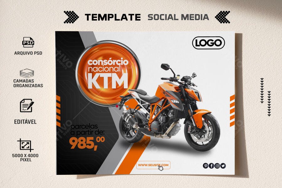 Post para Consórcio Nacional KTM Moto Laranja PSD Editável