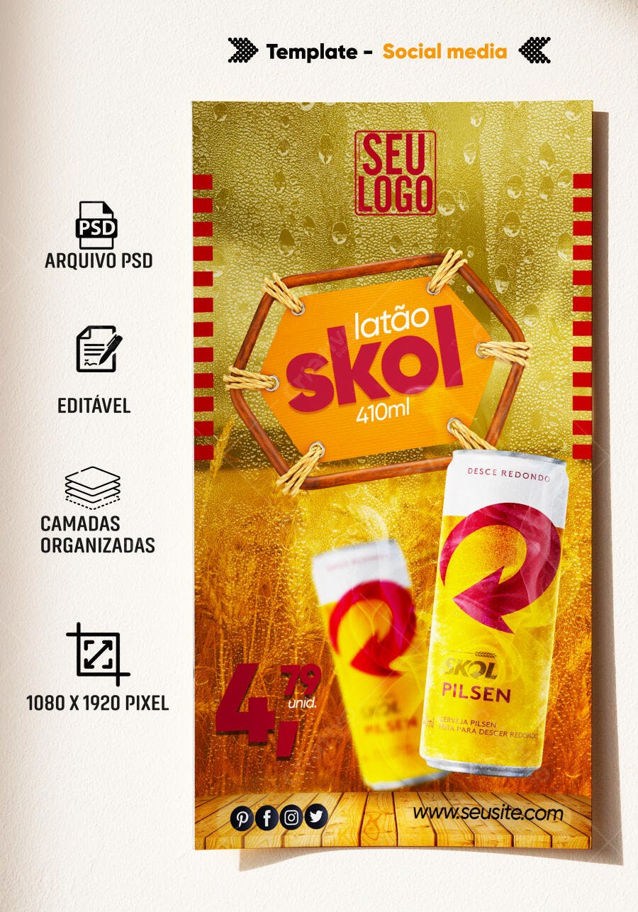 Post para Redes Sociais Oferta Cerveja Skol Latão PSD Editável