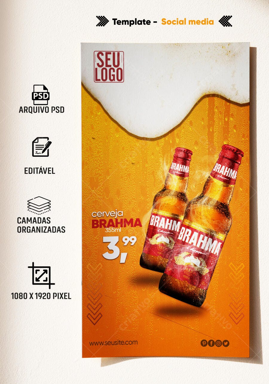 Flyer Cerveja Brahma 355ml em Oferta 3,99 PSD Editável