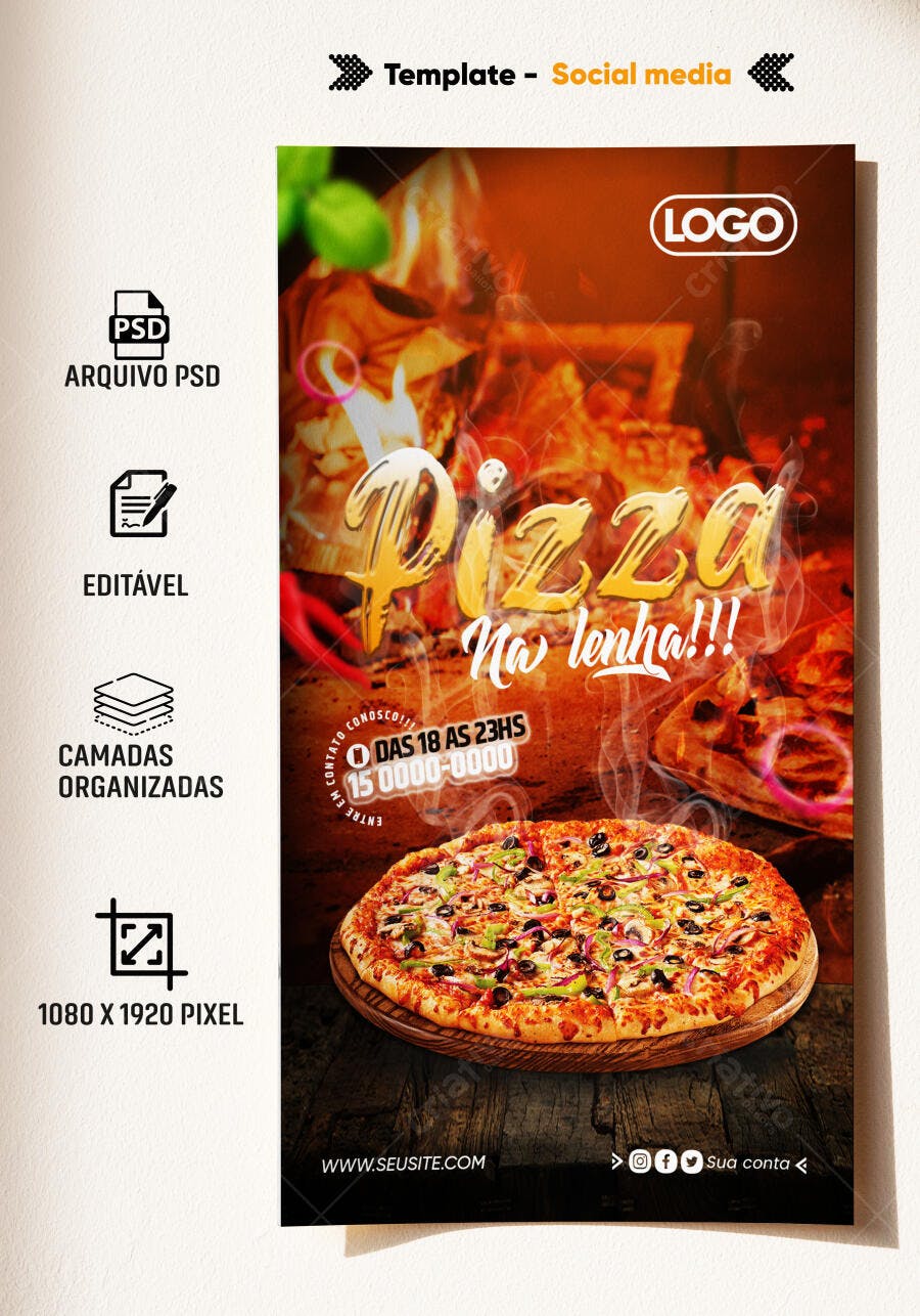 Flyer Social Media para Pizza Na Lenha PSD Editável