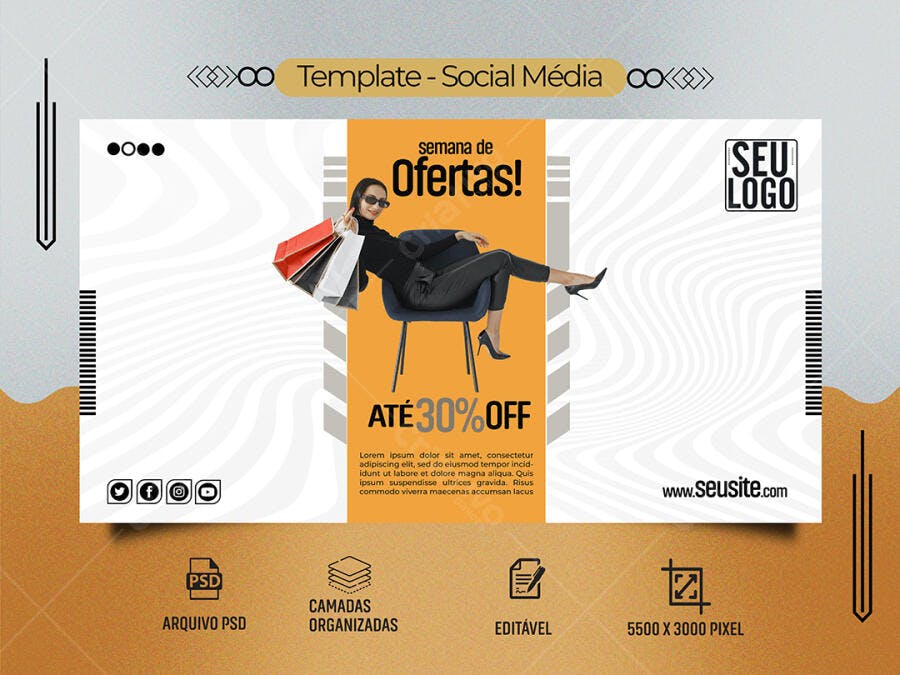 Flyer Social Mídia Mulher com Sacolas Semana de Ofertas PSD Editável