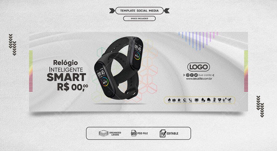 Template Social Media para Relógio Inteligente Smart Preto PSD Editável