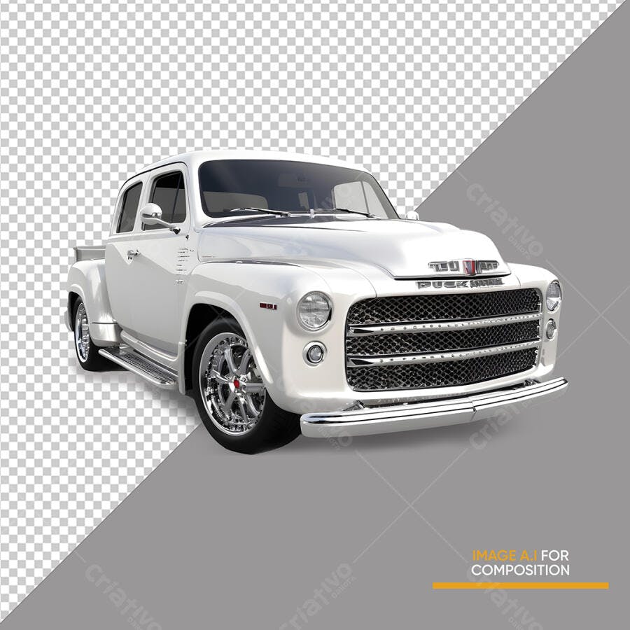 Recorte de Caminhonete Branca Vintage para Evento Automotivo PSD Editável