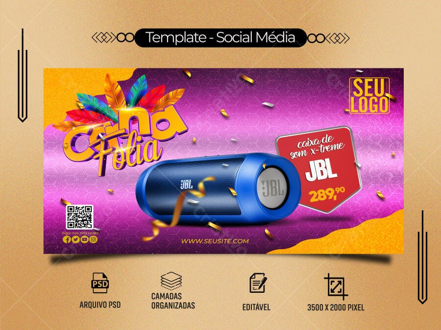 Flyer Digital para Promoção Na Folia com Caixa de Som JBL PSD Editável