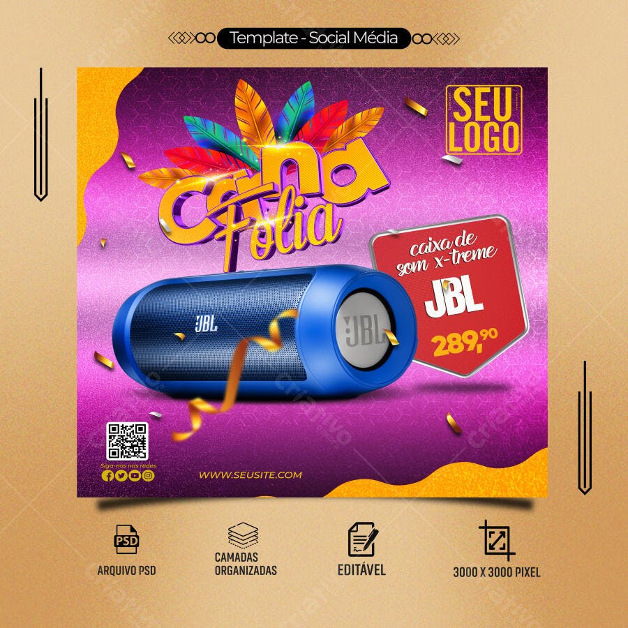 Post para Redes Sociais Carna Folia Caixa de Som JBL PSD Editável
