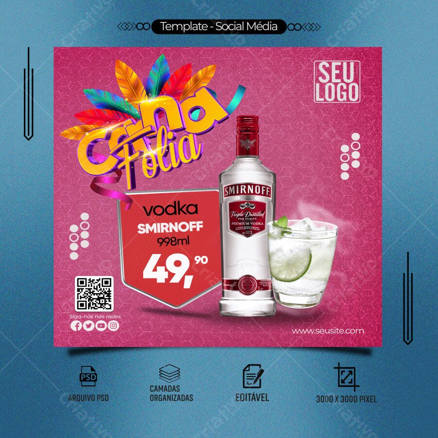 Flyer Festa Na Folia Vodka Smirnoff 998ml PSD Editável