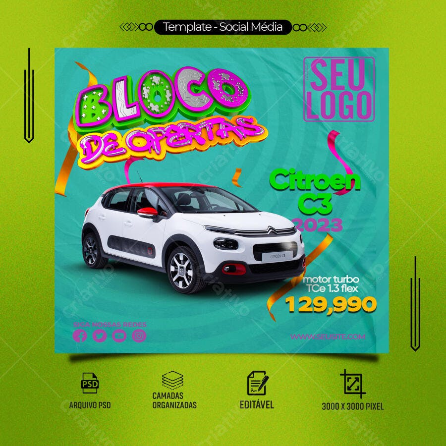 Post Mídia Social Citroën C3 2023 Bloco de Ofertas PSD Editável