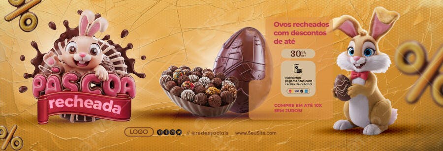Flyer Digital Páscoa Recheada Coelhos e Ovos de Chocolate PSD Editável