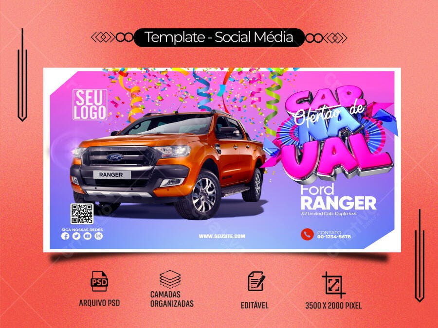 Flyer Automotivo Ofertão Ford Ranger Carnaval PSD Editável