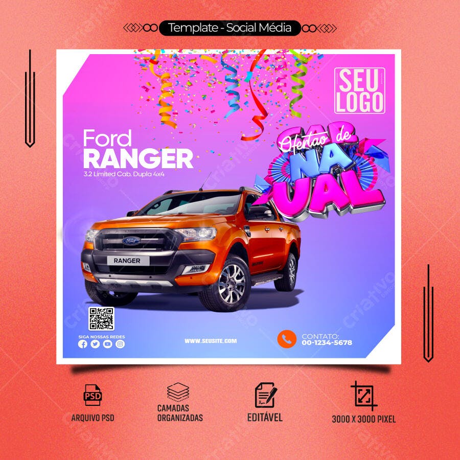 Flyer Digital Ofertão de Natal Ford Ranger PSD Editável