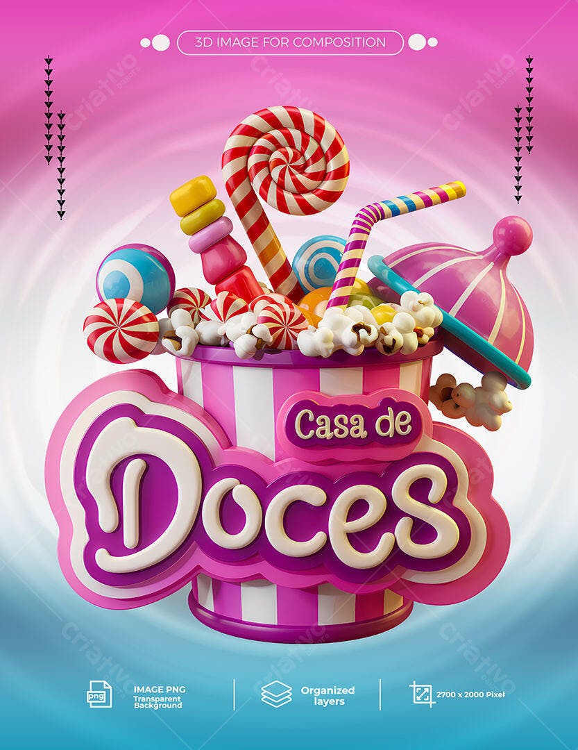 Elemento 3D Casa de Doces com Pirulitos e Pipoca PSD Editável