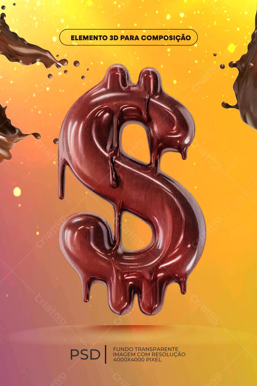 Elemento 3D Dólar Chocolate Derretido para Composição PSD Editável
