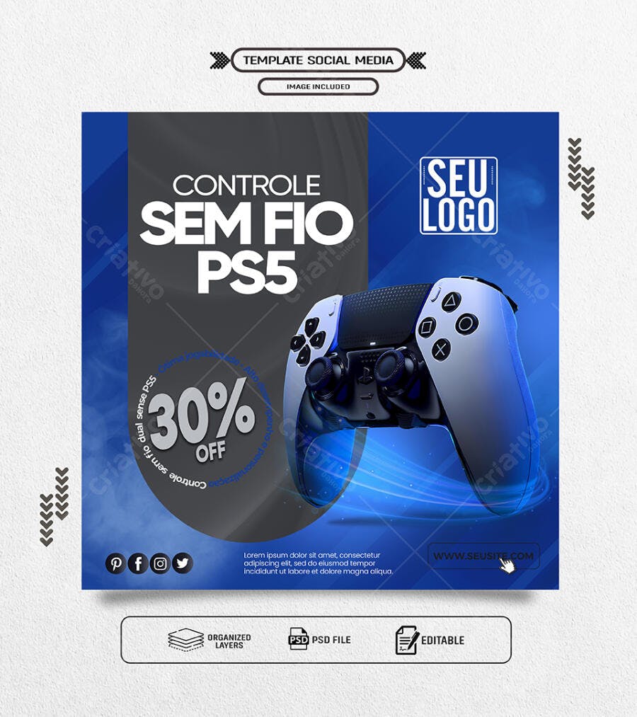 Flyer Gamer Controle Sem Fio PS5 30% OFF PSD Editável