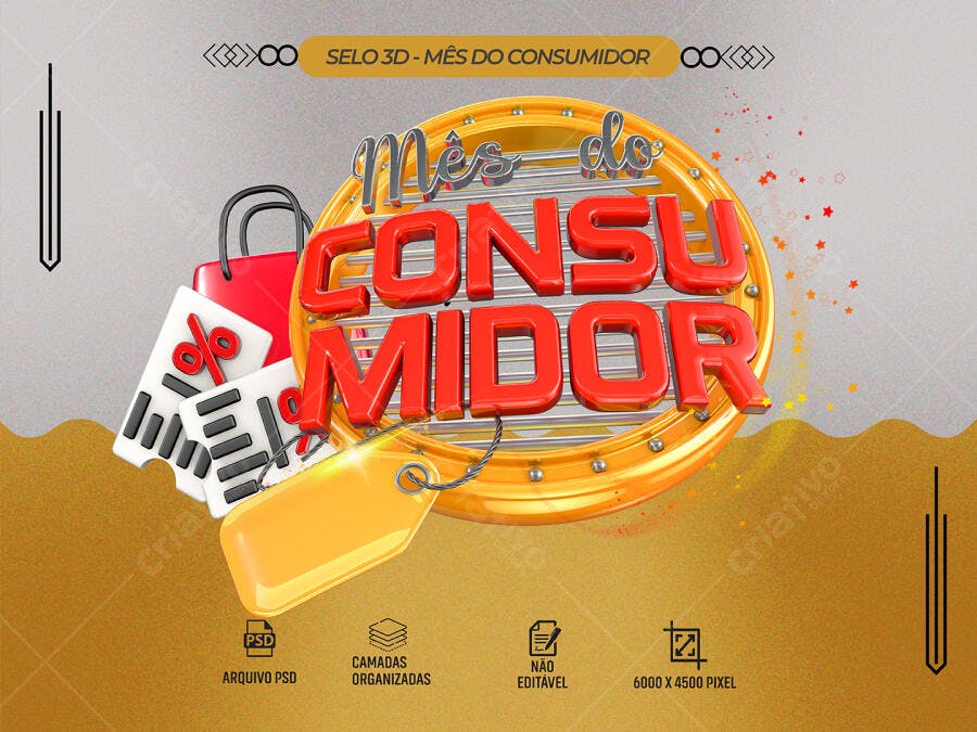Selo 3D para Mês do Consumidor com Descontos PSD Editável