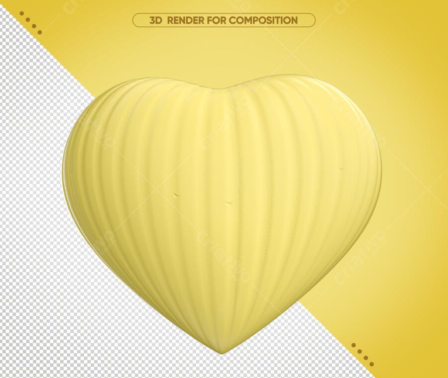 Coração 3D Amarelo Canelado para Amor e Datas Especiais PSD Editável