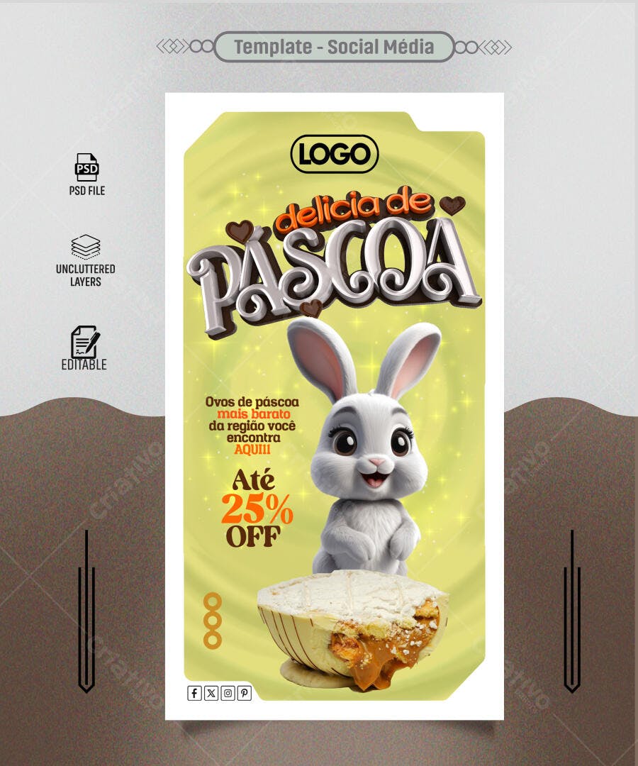 Flyer de Páscoa Coelho e Ovo Recheado PSD Editável