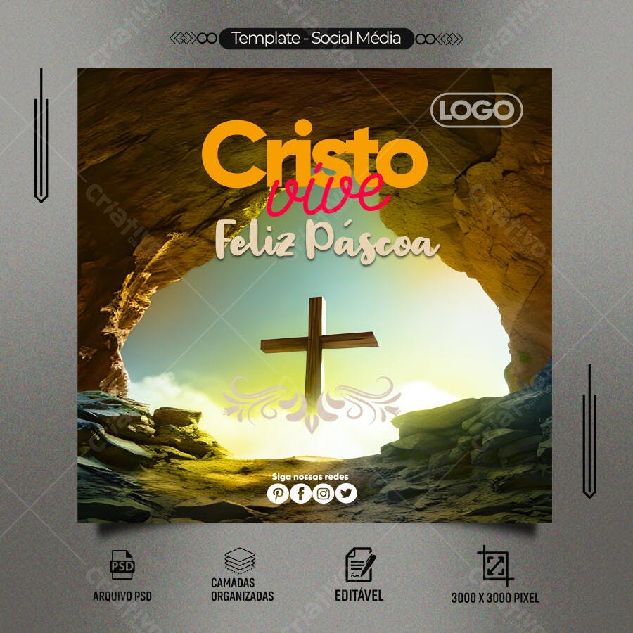 Post para Redes Sociais Cristo Vive Feliz Páscoa PSD Editável