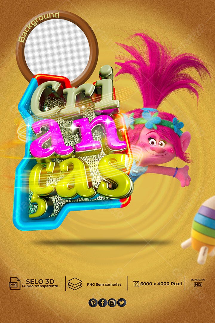 Flyer Crianças 3D com Personagem Cartoon Rosa PSD Editável