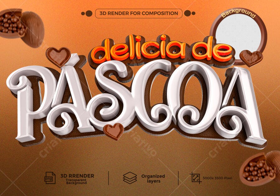 Título 3D Delícia de Páscoa com Ovos e Corações PSD Editável