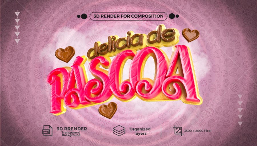 Título 3D Delícia de Páscoa com Corações de Chocolate PSD Editável