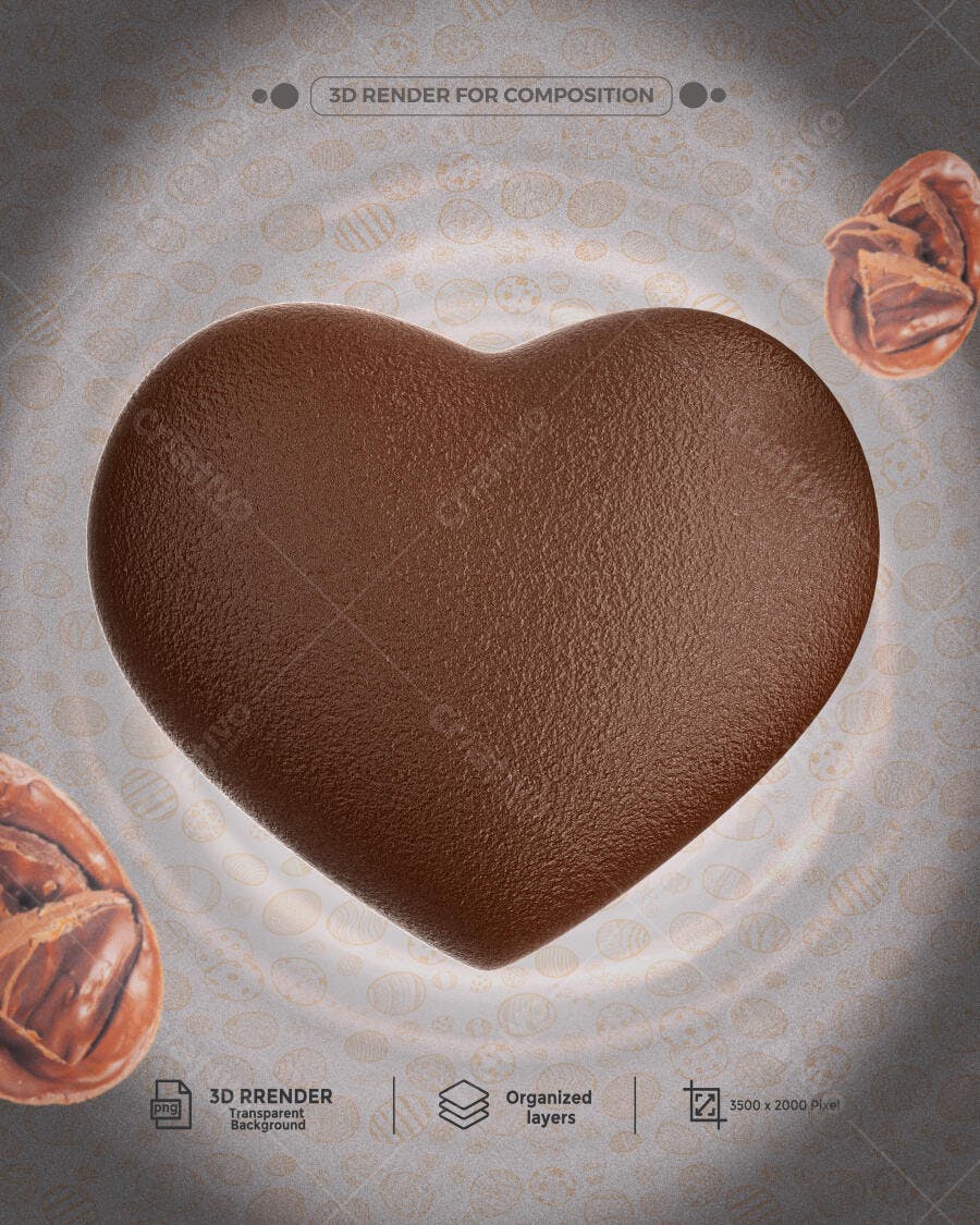 Elemento 3D Coração Chocolate para Dia Namorados PSD Editável