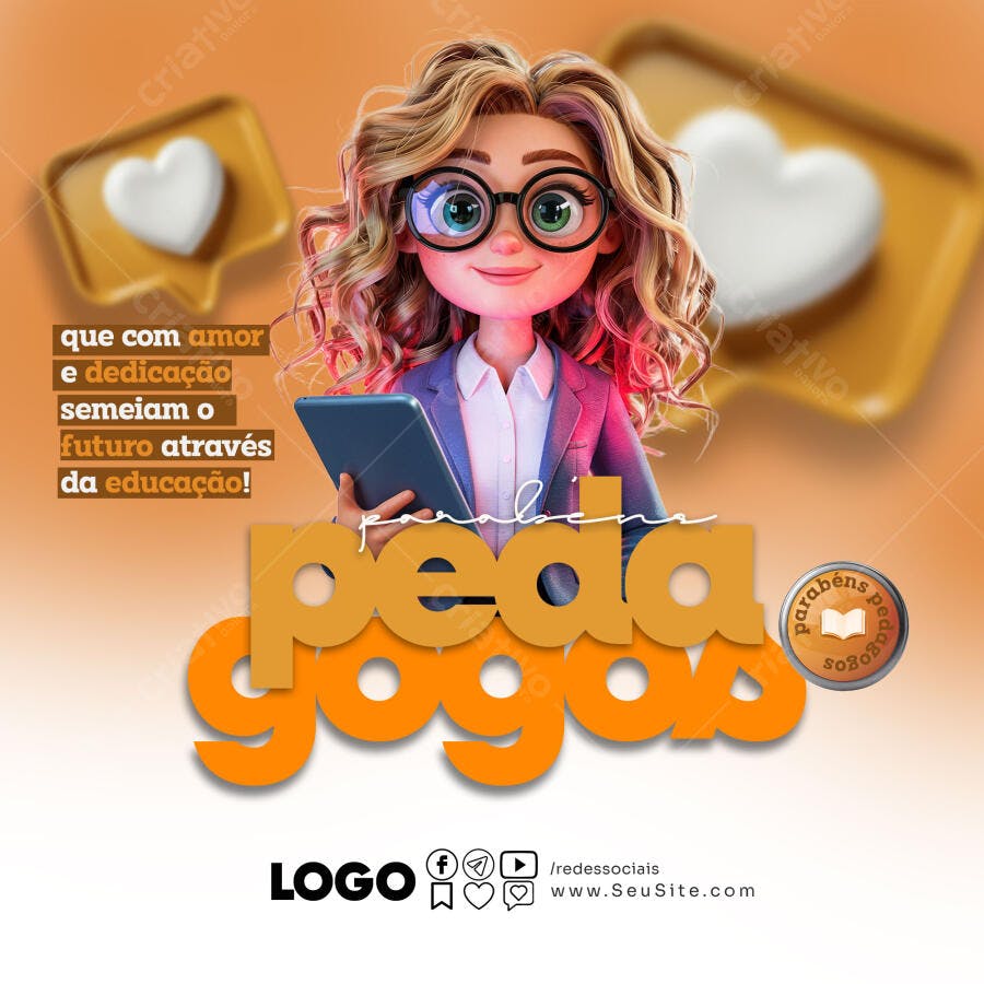 Flyer Digital Dia dos Pedagogos Homenagem Educadores PSD Editável